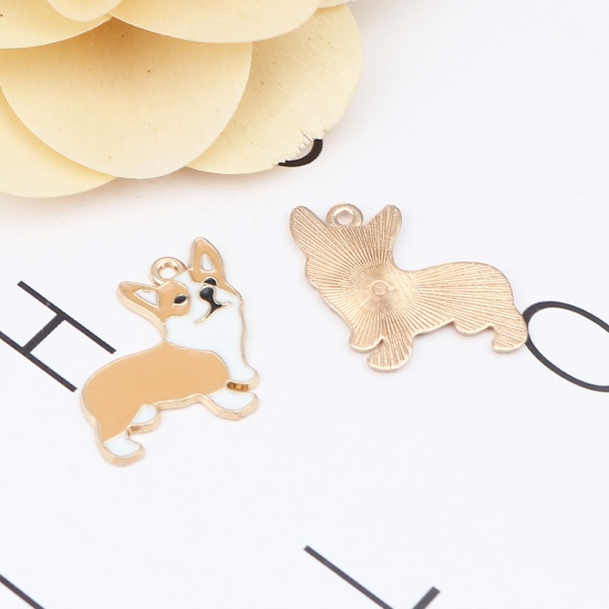 Image de Breloques en Alliage de Zinc Chien Corgi Doré Blanc & Jaune Émail 23mm x 22mm, 10 Pcs