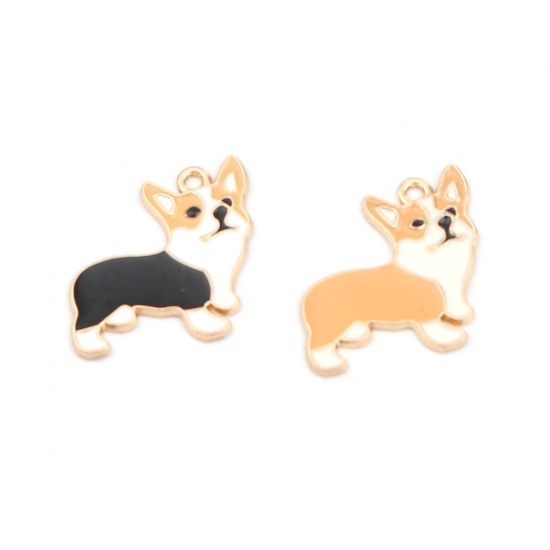 Image de Breloques en Alliage de Zinc Chien Corgi Doré Blanc & Jaune Émail 23mm x 22mm, 10 Pcs