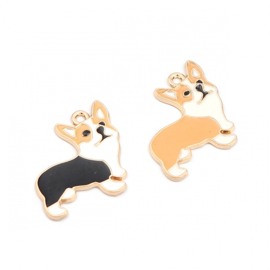 Image de Breloques en Alliage de Zinc Chien Corgi Doré Blanc & Jaune Émail 23mm x 22mm, 10 Pcs