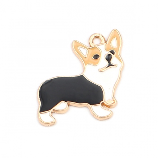 Image de Breloques en Alliage de Zinc Chien Corgi Doré Noir & Blanc Émail 23mm x 22mm, 10 Pcs