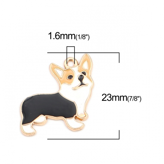 Image de Breloques en Alliage de Zinc Chien Corgi Doré Noir & Blanc Émail 23mm x 22mm, 10 Pcs