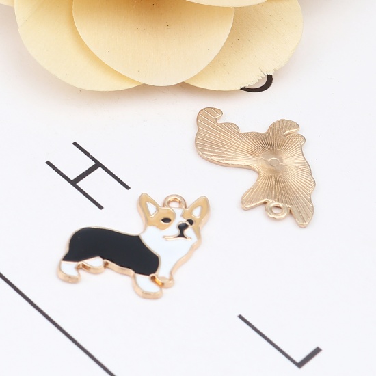 Image de Breloques en Alliage de Zinc Chien Corgi Doré Noir & Blanc Émail 23mm x 22mm, 10 Pcs