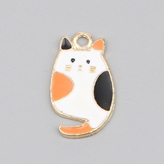 Picture of Zinc Based Alloy Charms Cat Animal Gold Plated Multicolor Enamel 22mm x 13mm, 10 PCs