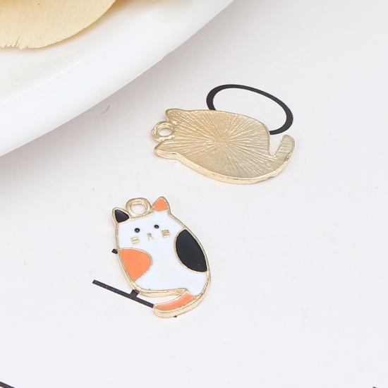 Picture of Zinc Based Alloy Charms Cat Animal Gold Plated Multicolor Enamel 22mm x 13mm, 10 PCs