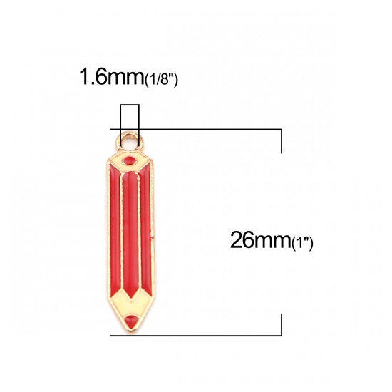 Picture of Zinc Based Alloy College Jewelry Charms Pencil Gold Plated Red Enamel 26mm x 6mm, 10 PCs