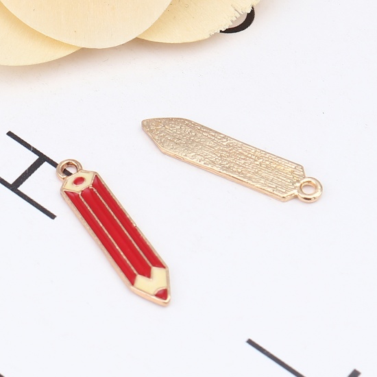 Picture of Zinc Based Alloy College Jewelry Charms Pencil Gold Plated Red Enamel 26mm x 6mm, 10 PCs