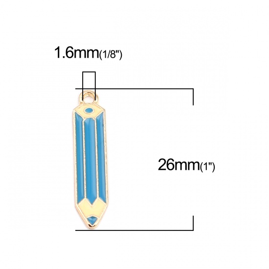 Picture of Zinc Based Alloy College Jewelry Charms Pencil Gold Plated Blue Enamel 26mm x 6mm, 10 PCs