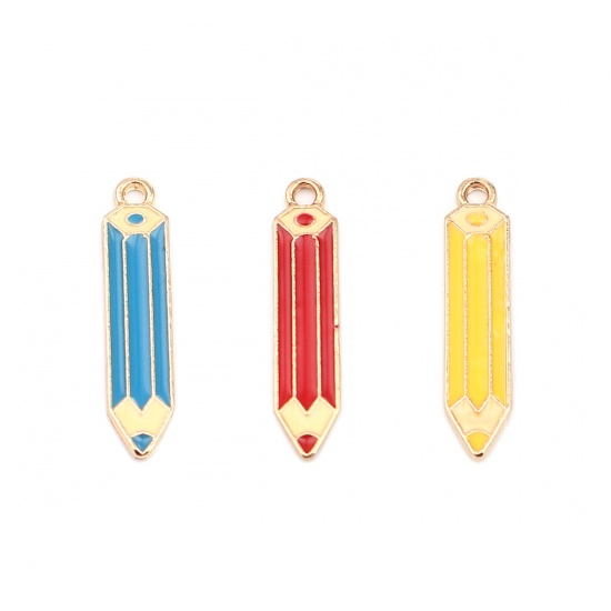 Picture of Zinc Based Alloy College Jewelry Charms Pencil Gold Plated Blue Enamel 26mm x 6mm, 10 PCs