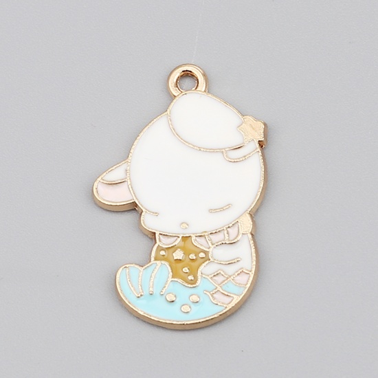 Picture of Zinc Based Alloy Charms Fishtail Gold Plated White & Blue Rabbit Enamel 28mm x 18mm, 10 PCs