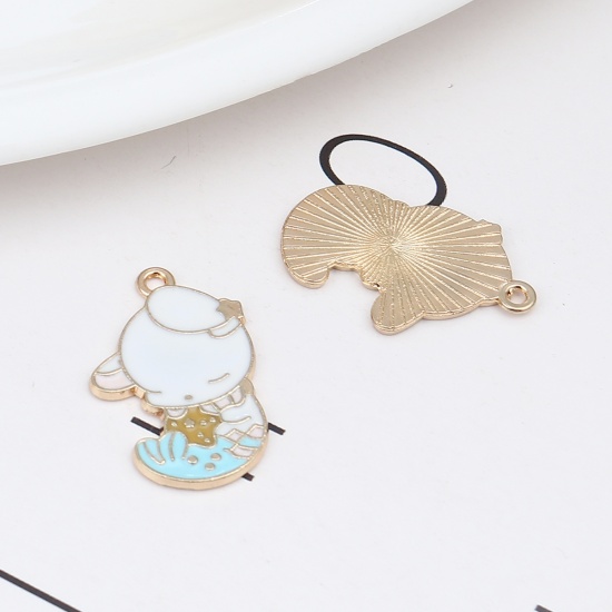 Picture of Zinc Based Alloy Charms Fishtail Gold Plated White & Blue Rabbit Enamel 28mm x 18mm, 10 PCs