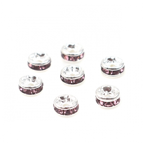Picture of Zinc Based Alloy & Glass Spacer Rondelle Beads Round Silver Plated Fuchsia Rhinestone About 4mm Dia., Hole: Approx 1mm, 100 PCs