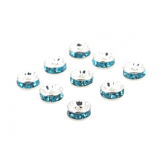 Picture of Zinc Based Alloy & Glass Spacer Rondelle Beads Round Silver Plated Light Blue Rhinestone About 4mm Dia., Hole: Approx 1mm, 100 PCs