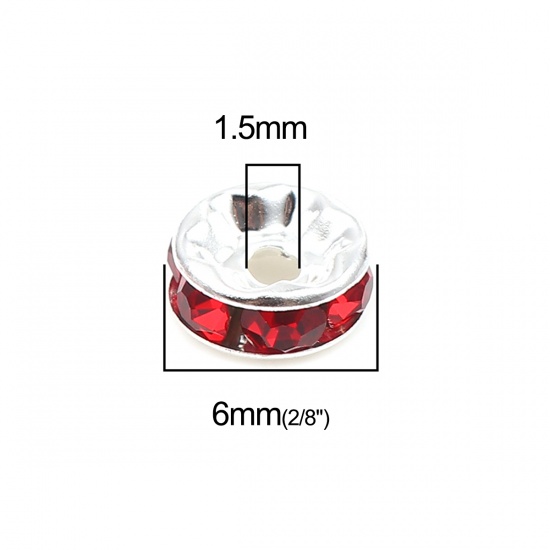 Picture of Zinc Based Alloy & Glass Spacer Rondelle Beads Round Silver Plated Red Rhinestone About 6mm Dia., Hole: Approx 1.5mm, 100 PCs