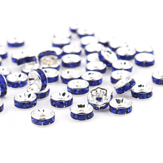 Picture of Zinc Based Alloy & Glass Spacer Rondelle Beads Round Silver Plated Royal Blue Rhinestone About 6mm Dia., Hole: Approx 1.5mm, 100 PCs