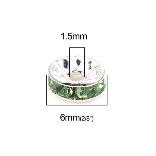 Picture of Zinc Based Alloy & Glass Spacer Rondelle Beads Round Silver Plated Green Rhinestone About 6mm Dia., Hole: Approx 1.5mm, 100 PCs