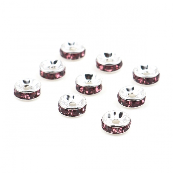 Picture of Zinc Based Alloy & Glass Spacer Rondelle Beads Round Silver Plated Fuchsia Rhinestone About 6mm Dia., Hole: Approx 1.5mm, 100 PCs