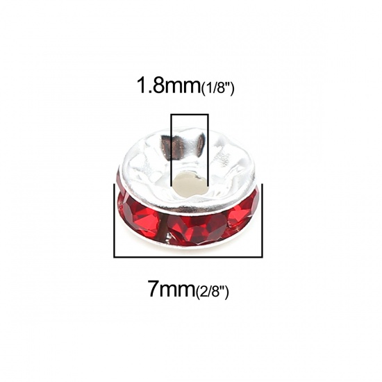 Picture of Zinc Based Alloy & Glass Spacer Rondelle Beads Round Silver Plated Red Rhinestone About 7mm Dia., Hole: Approx 1.8mm, 100 PCs