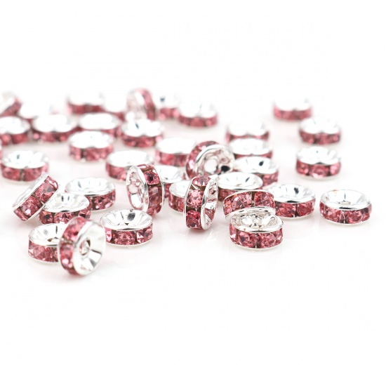 Picture of Zinc Based Alloy & Glass Spacer Rondelle Beads Round Silver Plated Pink Rhinestone About 7mm Dia., Hole: Approx 1.8mm, 1000 PCs