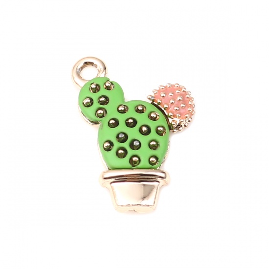 Picture of Zinc Based Alloy & Acrylic Charms Cactus Gold Plated Green & Orange Pink Enamel 18mm x 12mm, 5 PCs