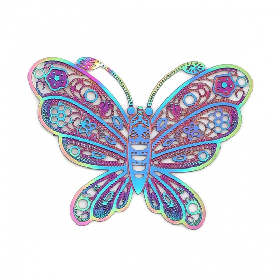 Picture of Stainless Steel Insect Connectors Butterfly Animal Purple & Blue Filigree Stamping 34mm x 26mm, 10 PCs