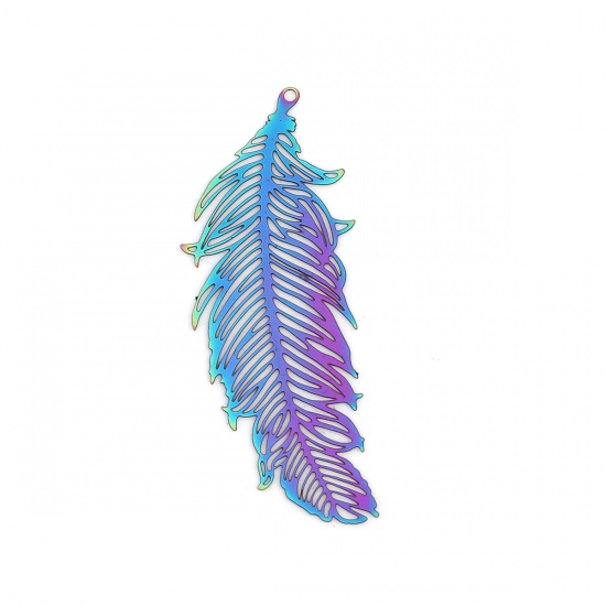Picture of Stainless Steel Filigree Stamping Pendants Feather Purple & Blue 47mm x 17mm, 10 PCs