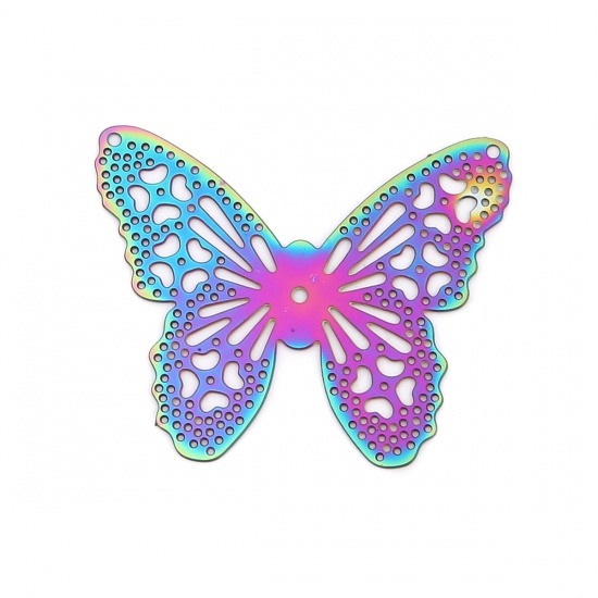 Изображение Нержавеющая Сталь Насекомое Коннекторы Бабочка Фиолетовый+синий Филигранные цветок железа 40мм x 32мм, 10 ШТ