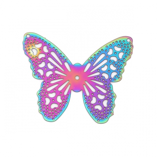 Picture of Stainless Steel Insect Connectors Butterfly Animal Purple & Blue Filigree Stamping 40mm x 32mm, 10 PCs