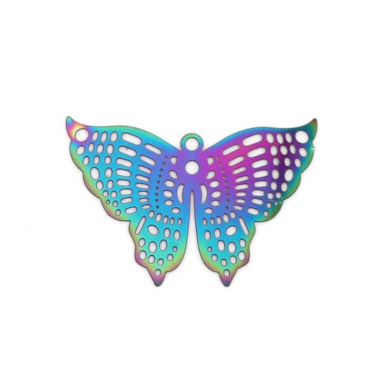 Immagine di Acciaio Inossidabile Insetto Ciondoli Farfalla Viola & Blu Filigree Stamping 38mm x 26mm, 10 Pz