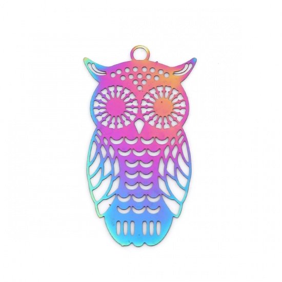 Picture of Stainless Steel Filigree Stamping Pendants Owl Animal Purple & Blue 36mm x 20mm, 10 PCs