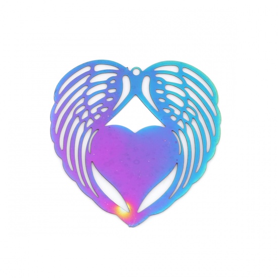 Picture of Stainless Steel Valentine's Day Pendants Wing Purple & Blue Heart Filigree Stamping 34mm x 33mm, 10 PCs