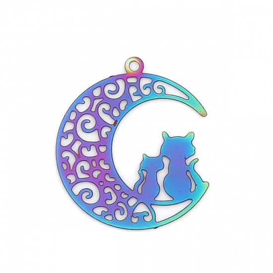 Picture of Stainless Steel Galaxy Charms Half Moon Purple & Blue Cat Filigree Stamping 22mm x 20mm, 10 PCs