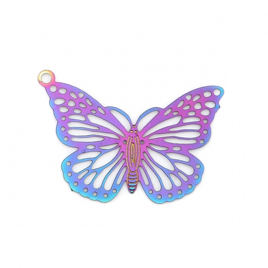 Image de Breloques en Acier Inoxydable Insecte Papillon Violet & Bleu Estampe en Filigrane 26mm x 17mm , 10 Pcs