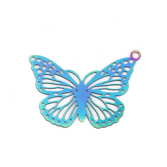 Picture of Stainless Steel Insect Charms Butterfly Animal Purple & Blue Filigree Stamping 26mm x 17mm, 10 PCs