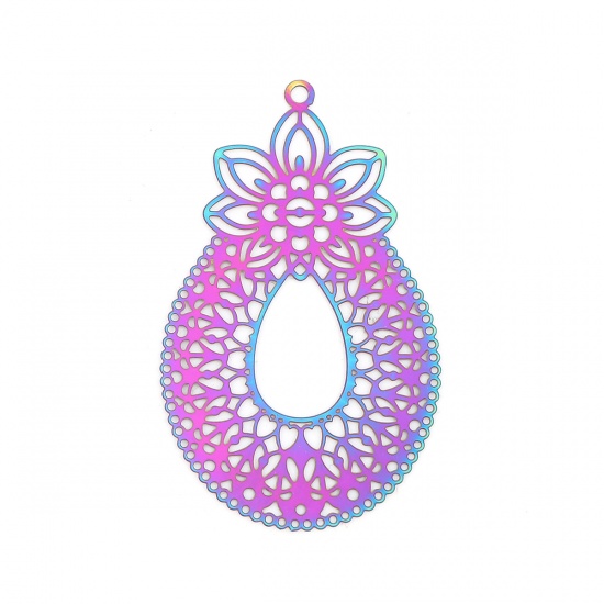 Picture of Stainless Steel Filigree Stamping Pendants Drop Purple & Blue Filigree 49mm x 30mm, 10 PCs