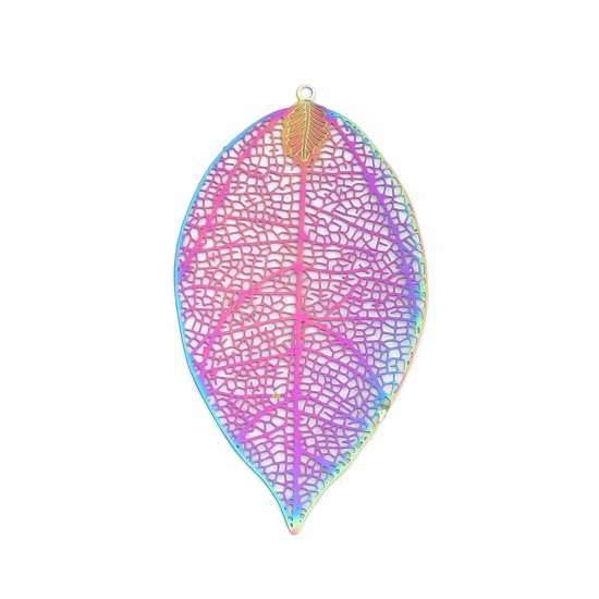 Picture of Stainless Steel Filigree Stamping Pendants Leaf Purple & Blue Filigree 60mm x 33mm, 10 PCs