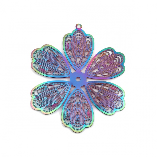 Picture of Stainless Steel Filigree Stamping Pendants Flower Purple & Blue 47mm x 39mm, 10 PCs