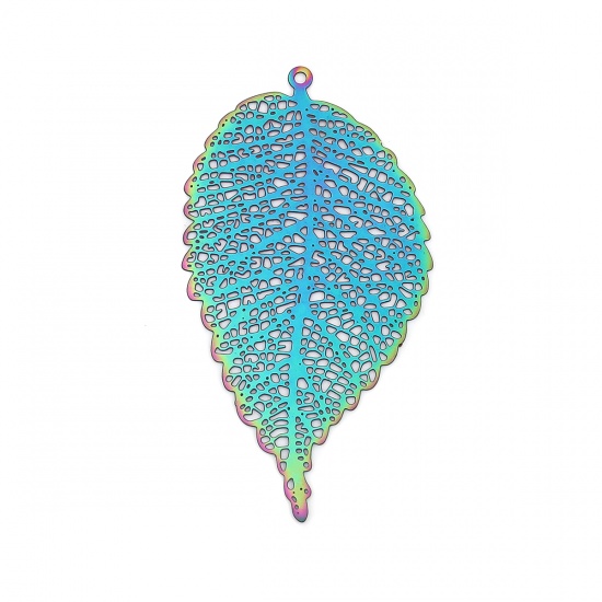 Picture of Stainless Steel Filigree Stamping Pendants Leaf Purple & Blue 63mm x 34mm, 10 PCs