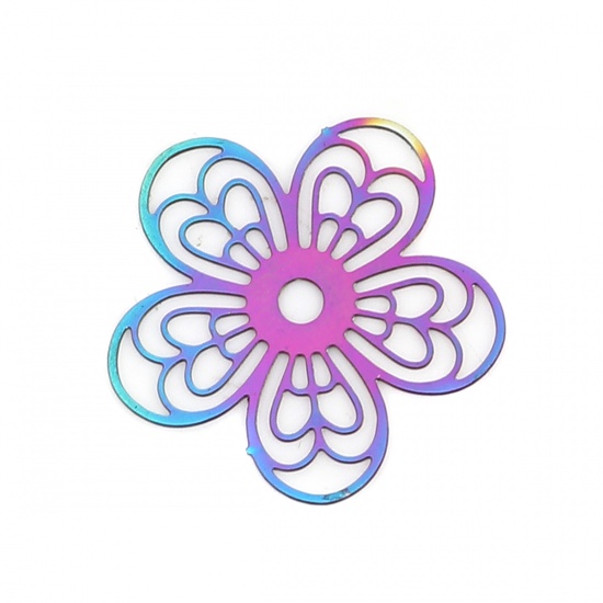 Picture of Stainless Steel Filigree Stamping Connectors Flower Purple & Blue 19mm x 18mm, 10 PCs
