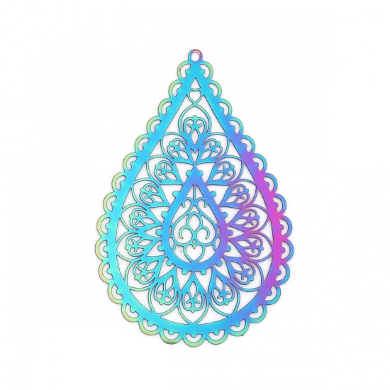 Picture of Stainless Steel Filigree Stamping Pendants Drop Purple & Blue Filigree 65mm x 42mm, 10 PCs