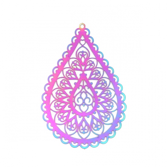 Picture of Stainless Steel Filigree Stamping Pendants Drop Purple & Blue Filigree 54mm x 35mm, 10 PCs