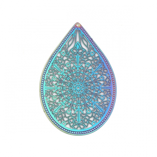 Picture of Stainless Steel Filigree Stamping Pendants Drop Purple & Blue Filigree 48mm x 32mm, 10 PCs