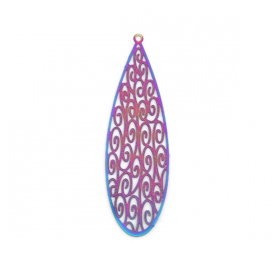 Picture of Stainless Steel Filigree Stamping Pendants Drop Purple & Blue Filigree 57mm x 18mm, 10 PCs