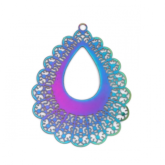 Picture of Stainless Steel Filigree Stamping Pendants Drop Purple & Blue Filigree 45mm x 35mm, 10 PCs