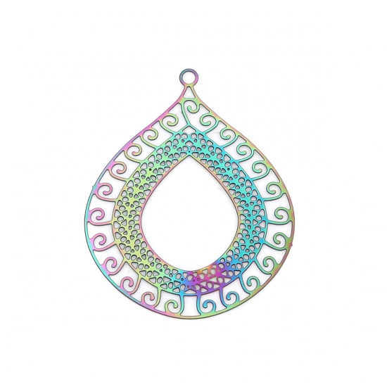 Picture of Stainless Steel Filigree Stamping Pendants Drop Purple & Blue Filigree 40mm x 32mm, 10 PCs