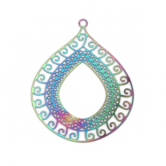 Picture of Stainless Steel Filigree Stamping Pendants Drop Purple & Blue Filigree 40mm x 32mm, 10 PCs