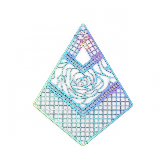 Picture of Stainless Steel Filigree Stamping Pendants Geometric Purple & Blue Flower 45mm x 36mm, 10 PCs