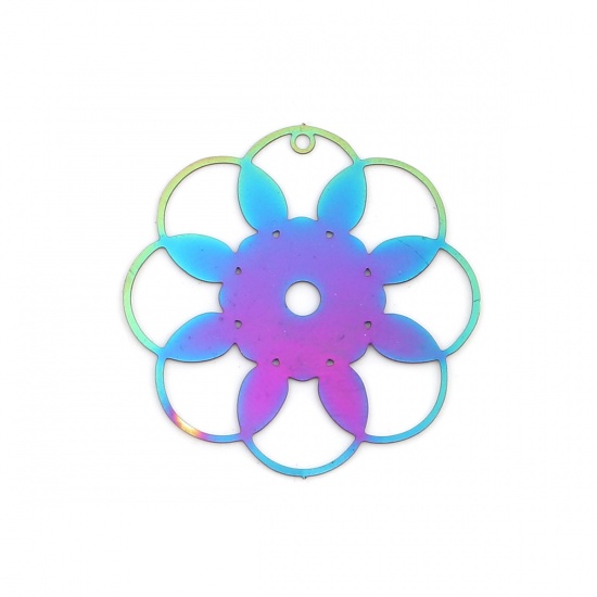 Picture of Stainless Steel Filigree Stamping Pendants Flower Purple & Blue 33mm x 33mm, 10 PCs