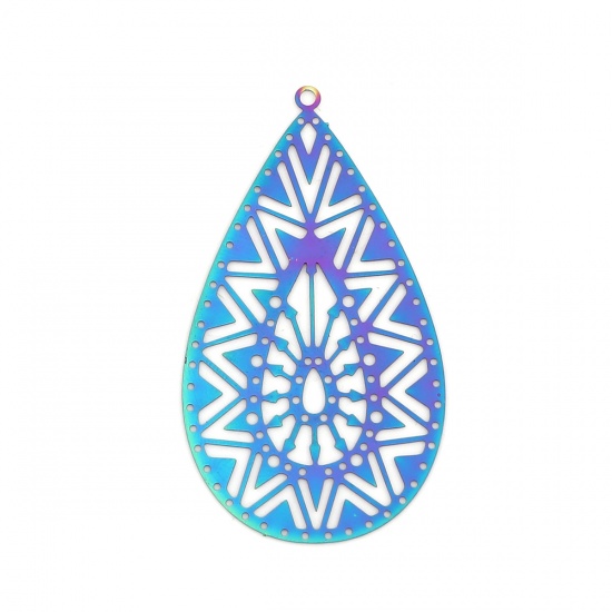 Picture of Stainless Steel Filigree Stamping Pendants Drop Purple & Blue Filigree 49mm x 27mm, 10 PCs