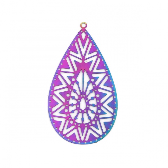 Picture of Stainless Steel Filigree Stamping Pendants Drop Purple & Blue Filigree 49mm x 27mm, 10 PCs