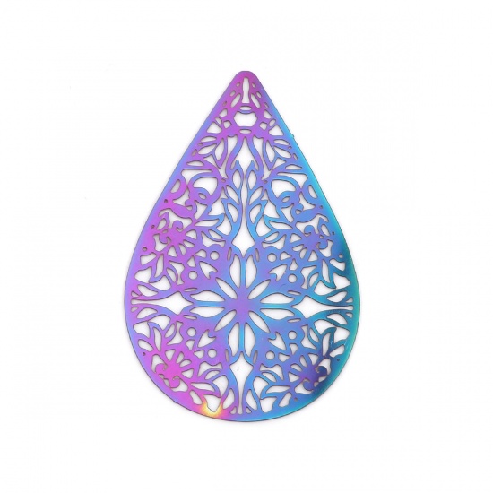 Picture of Stainless Steel Filigree Stamping Pendants Drop Purple & Blue Filigree 52mm x 34mm, 10 PCs